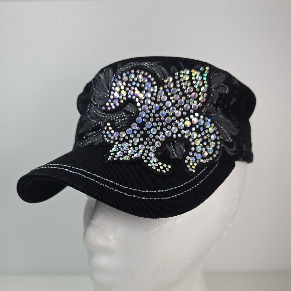 KBETHOS Black Rhinestone Fleur De Lis Cadet Hat Bling Military Style Cap Sparkle